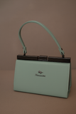 Mint green handbag with a handle on a brown background
