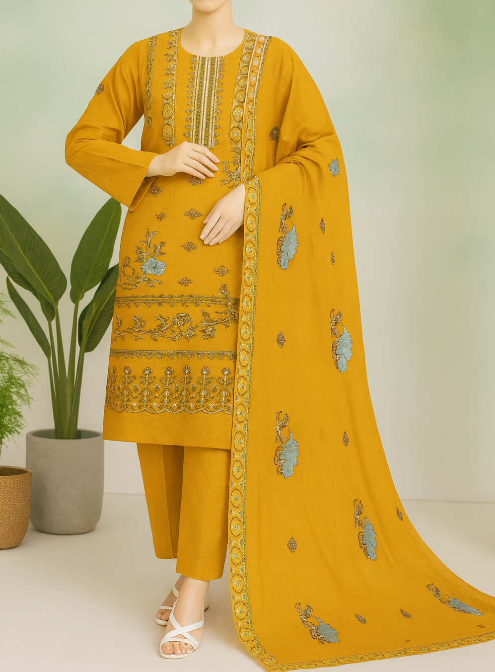 Mustard yellow embroidered outfit with matching dupatta on a neutral background