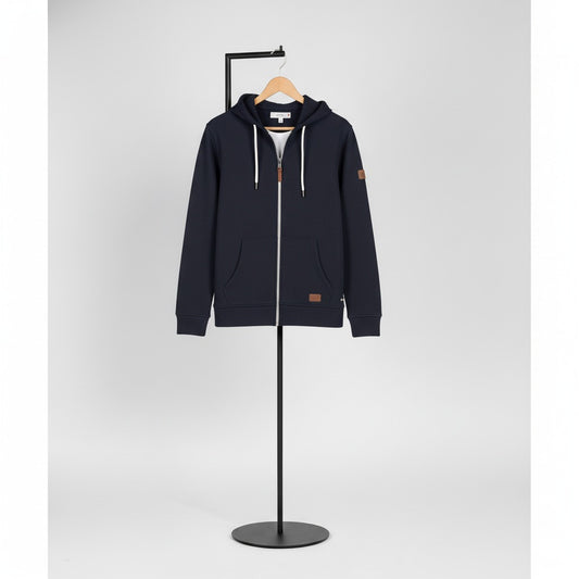 Navy blue hoodie on a black stand against a light gray background