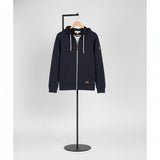 Navy blue hoodie on a black stand against a light gray background