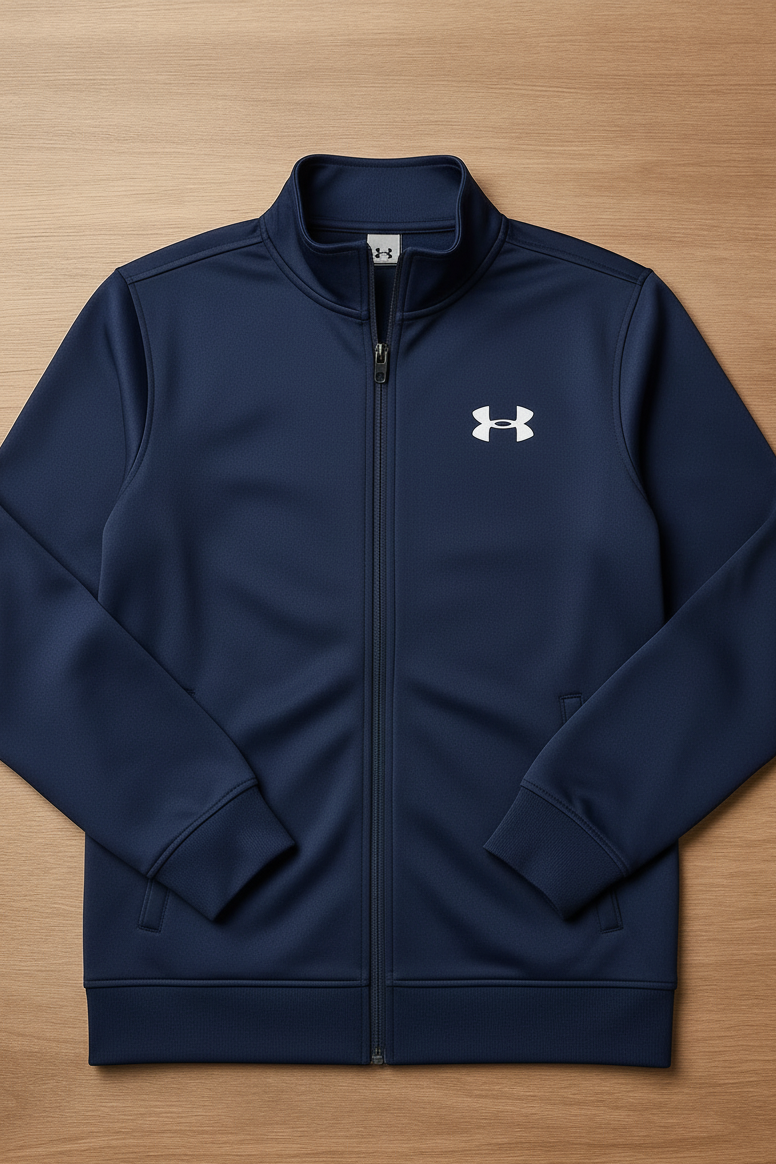 Navy blue jacket with a brand logo on a wooden surface