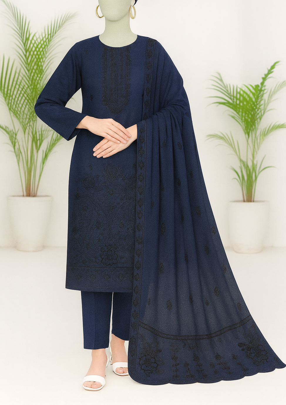 Navy blue traditional outfit with matching dupatta on a mannequin against a white background
