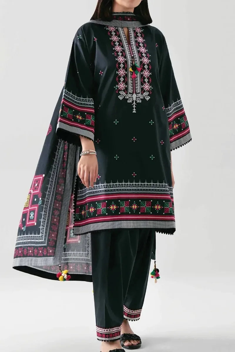 Nishat Unstitched 3 Piece Digital Printed Cambric Suit - Black