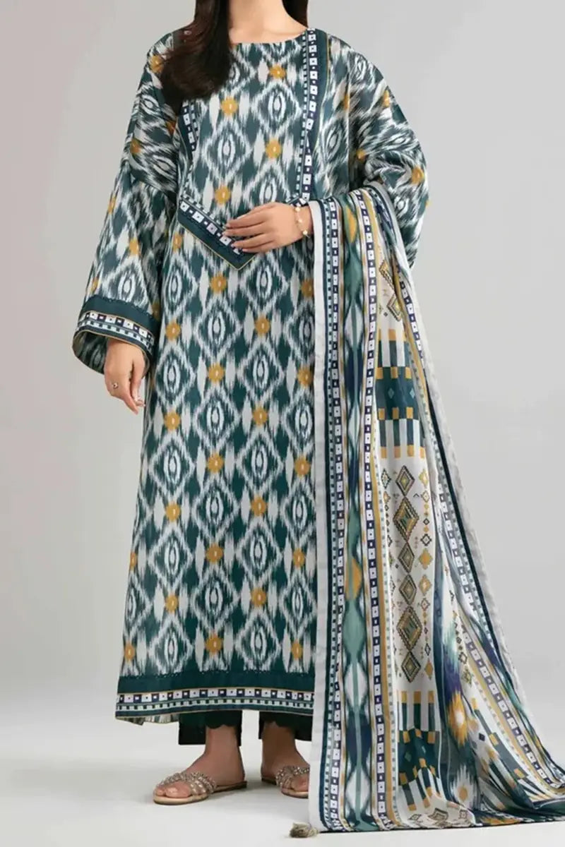Nishat Unstitched 3 Piece Digital Printed Cambric Suit - Teal