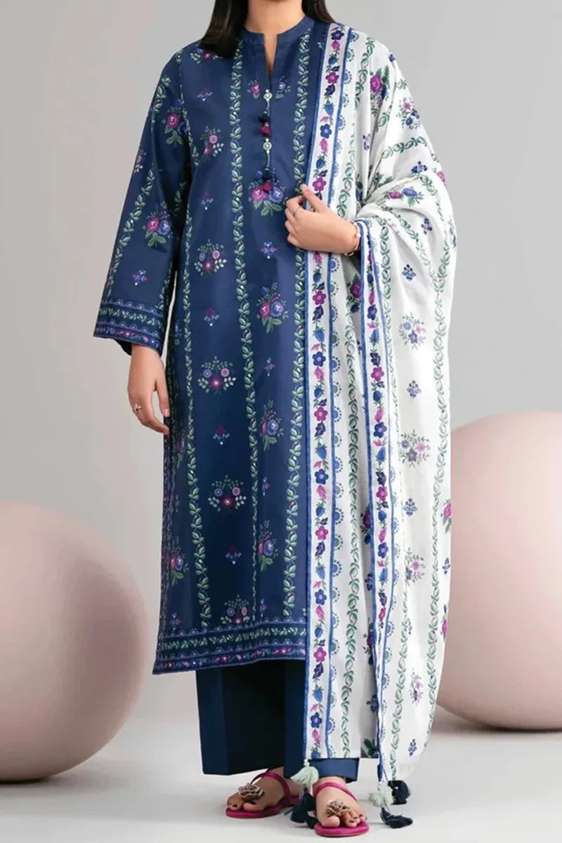 Nishat Unstitched 3 Piece Digital Printed Cambric Suit - Blue