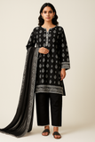 Woman wearing a Black Printed Lawn with a matching dupatta on a beige background