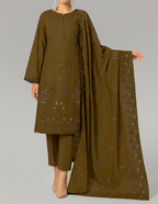 Olive green embroidered traditional outfit with dupatta on a gray background
