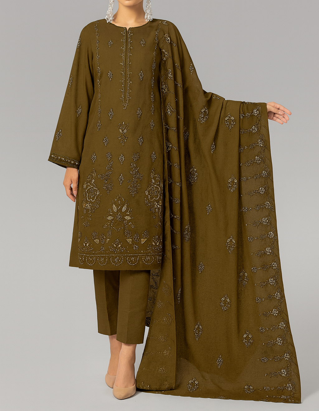 Olive green embroidered traditional outfit with dupatta on a gray background