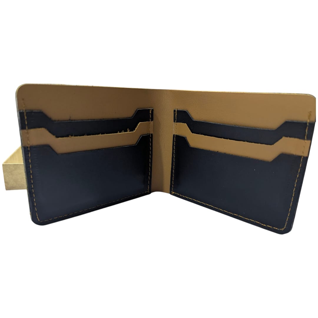 Open wallet with beige and black interior on a white background