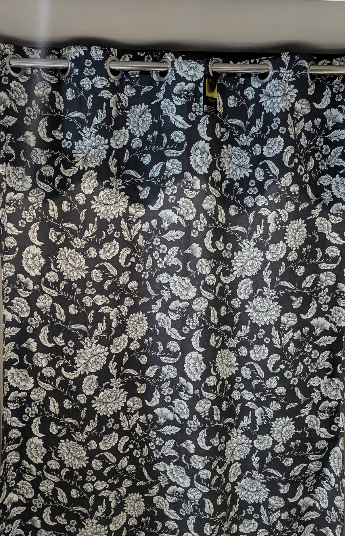 BLACK CURTAIN with WHITE FLORAL PRINT – 10-12 RINGS BY AKYA