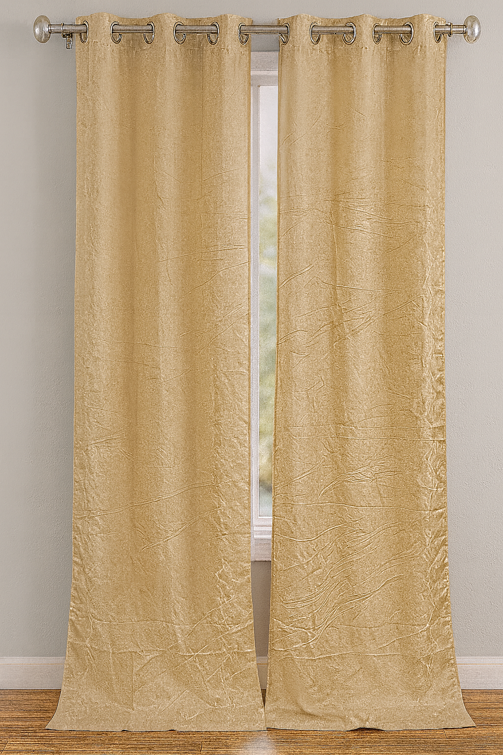 Pair of beige textured curtains hanging on a rod against a neutral wall.