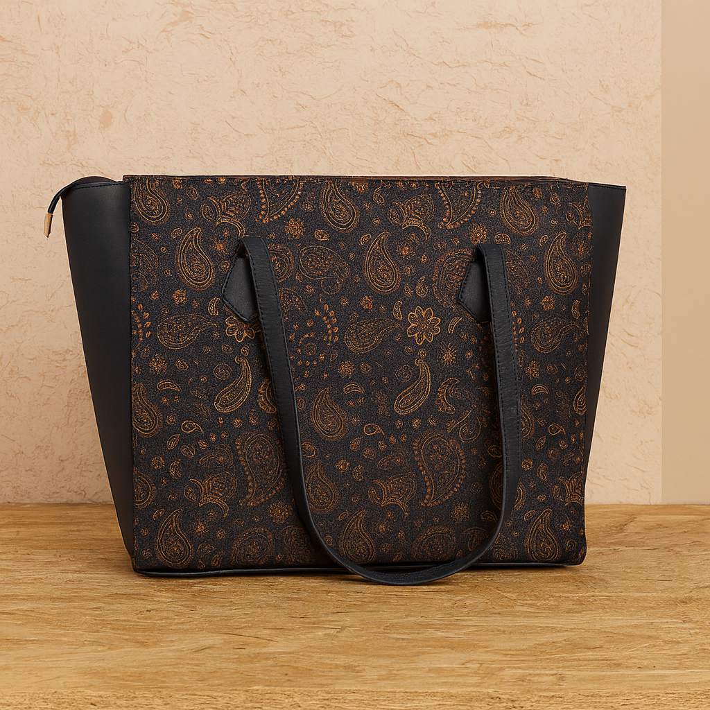 Patterned handbag on a wooden surface with a beige background