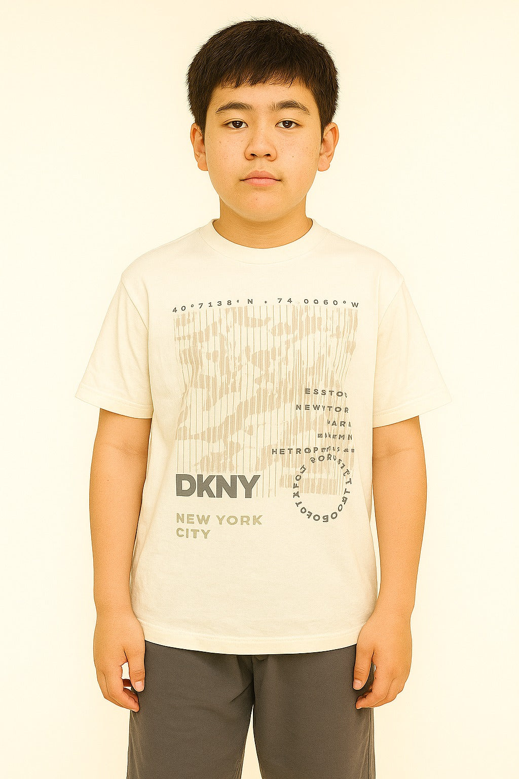 Person wearing a DKNY t-shirt against a plain background