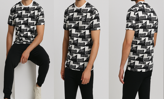 Person wearing a black and white geometric patterned shirt from different angles on a light gray background