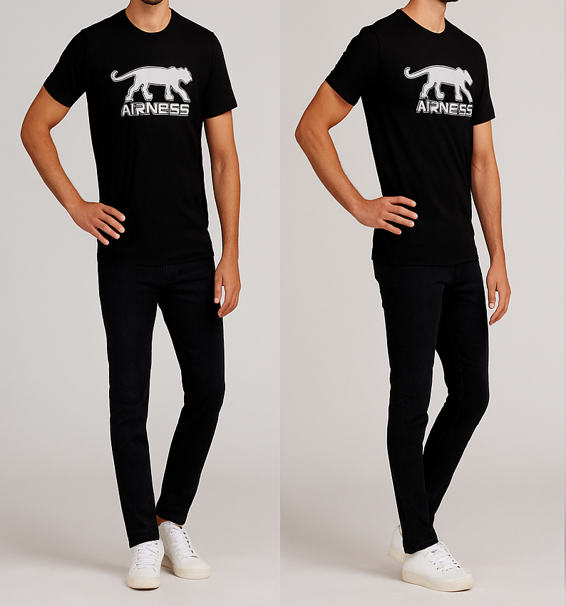 Person wearing a black t-shirt with a white logo and text, standing against a plain background.