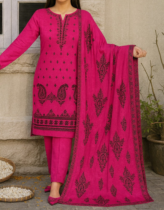 Person wearing a pink traditional outfit with black embroidery against a neutral background