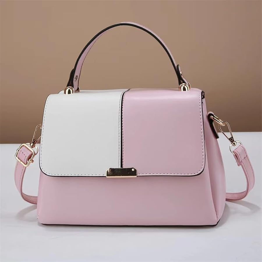 Pink and white handbag with a strap on a beige background