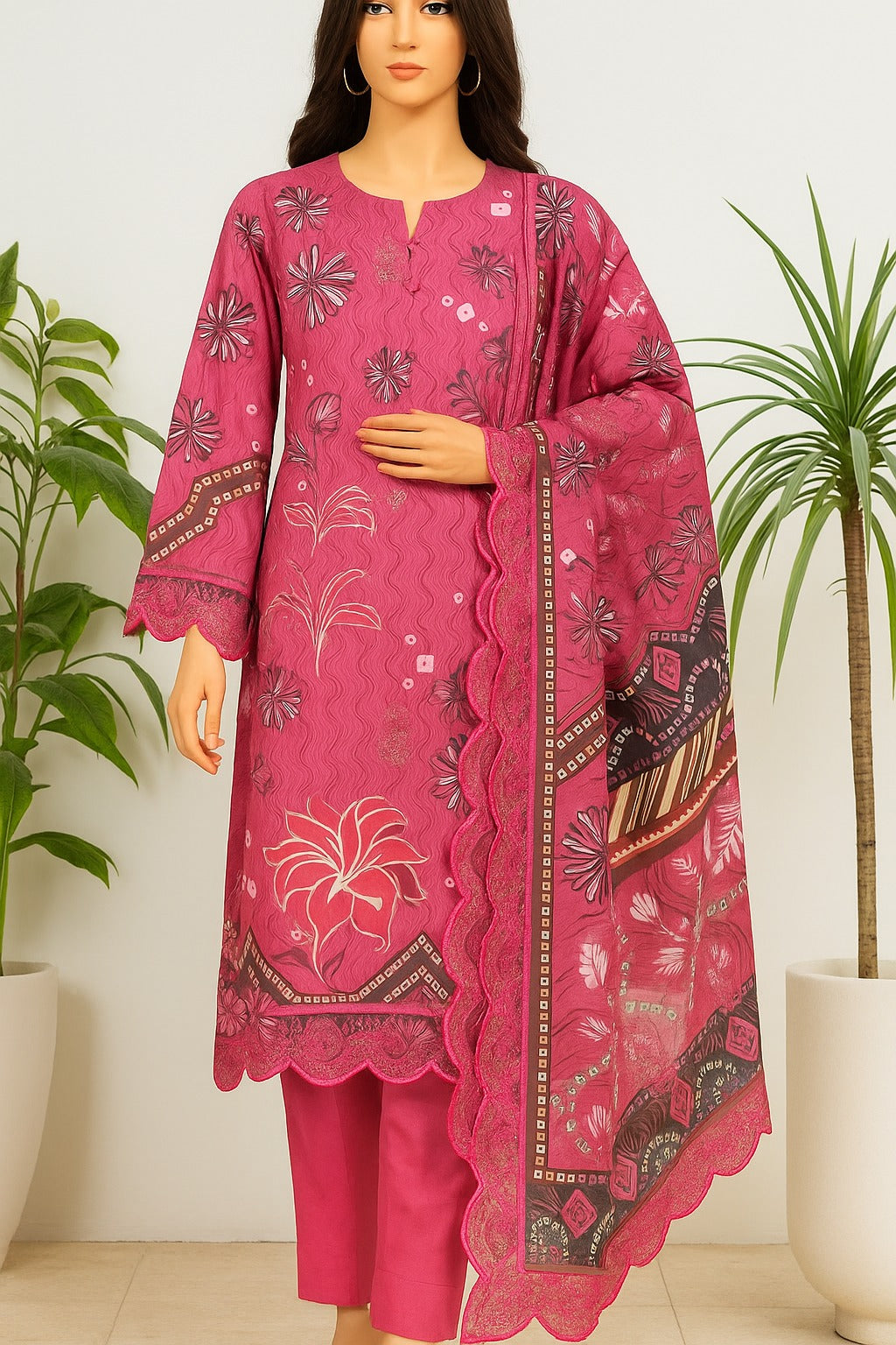 Pink embroidered traditional outfit on a mannequin with a white background