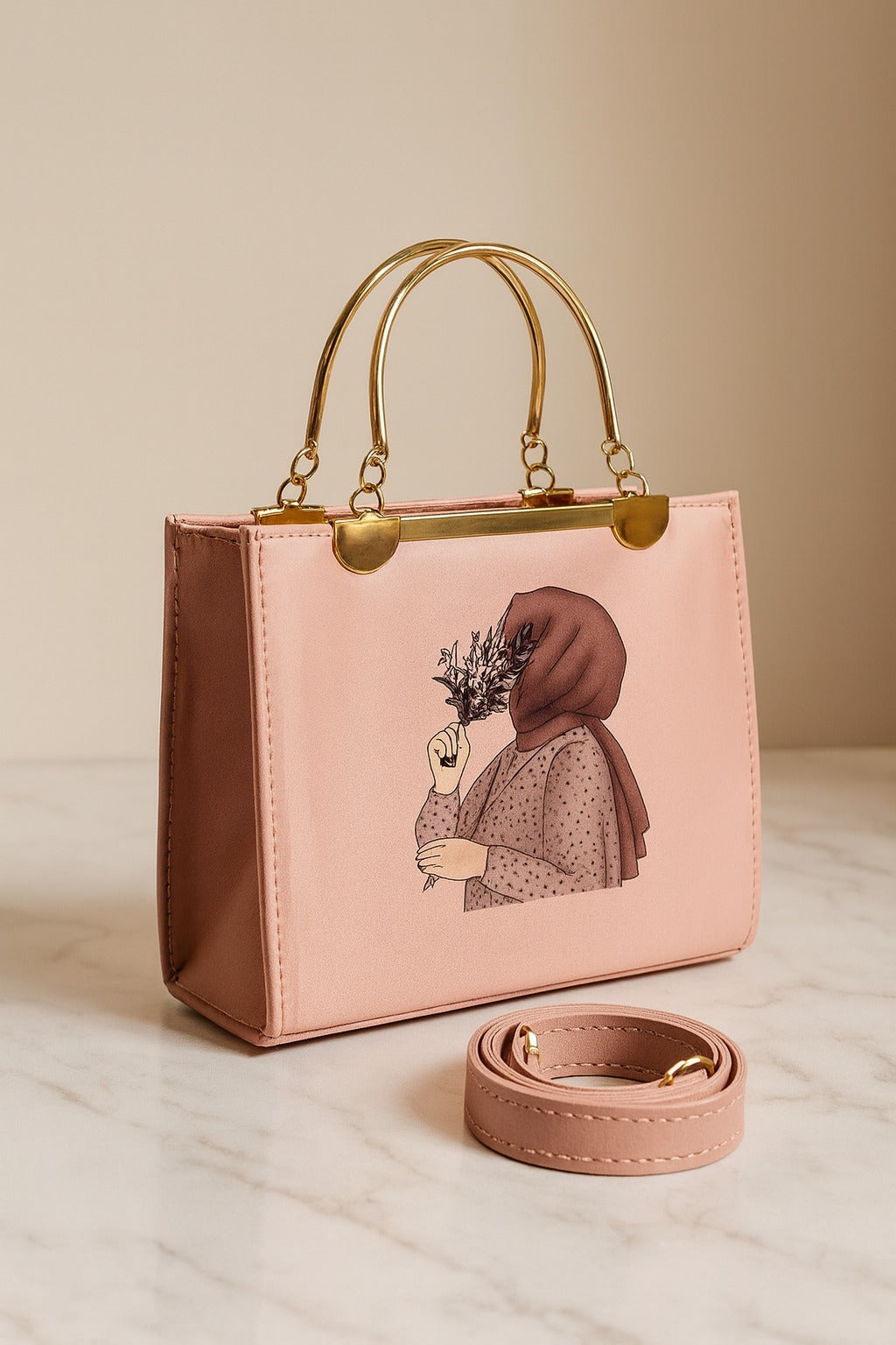 Pink handbag with gold handle and matching strap on a beige background