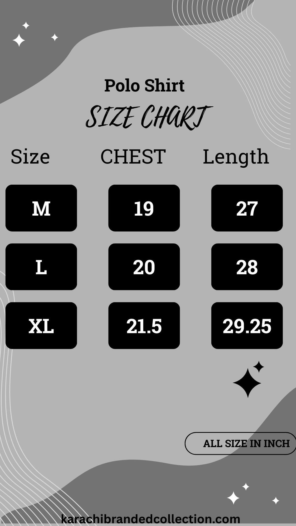 Polo shirt size chart with measurements on a gray background