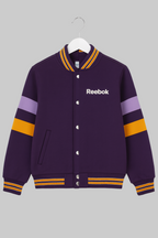 Purple Reebok jacket with colorful stripes on a gray background