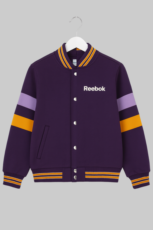 Purple Reebok jacket with colorful stripes on a gray background