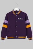 Purple Reebok jacket with colorful stripes on a gray background