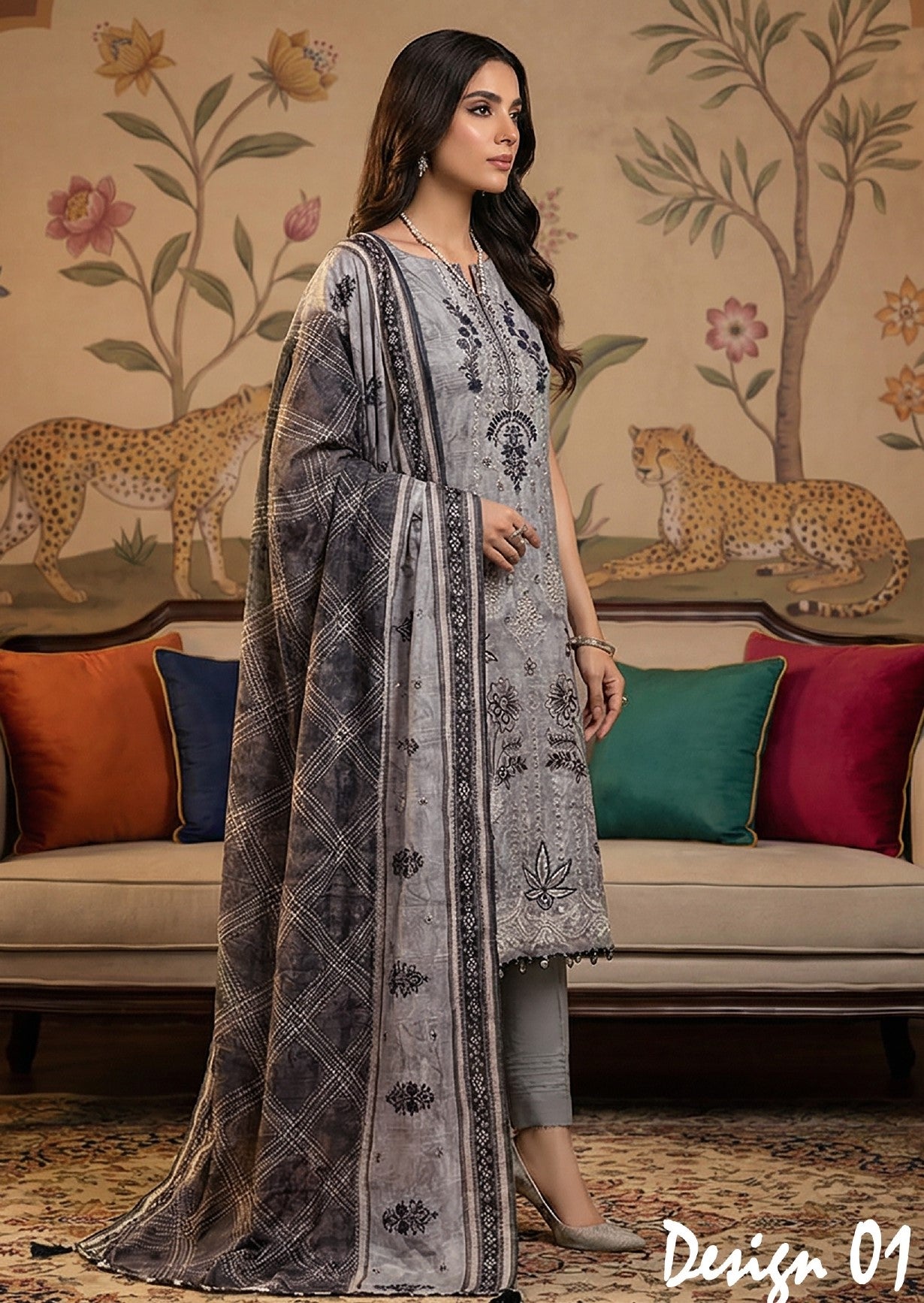 Rimal by UK Vol-22 3PC Unstitched Embroidered Lawn Suit (Grey)