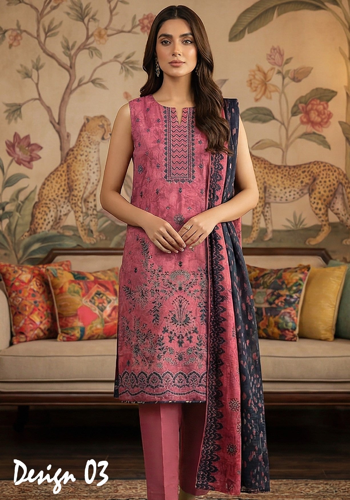 Rimal by UK Vol-22 3PC Unstitched Embroidered Lawn Suit (Pink)