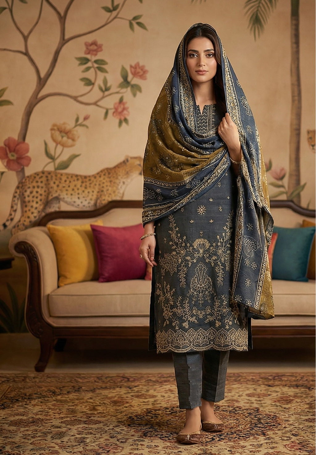 Rimal by UK Vol-22 3PC Unstitched Embroidered Lawn Suit (Charcoal)