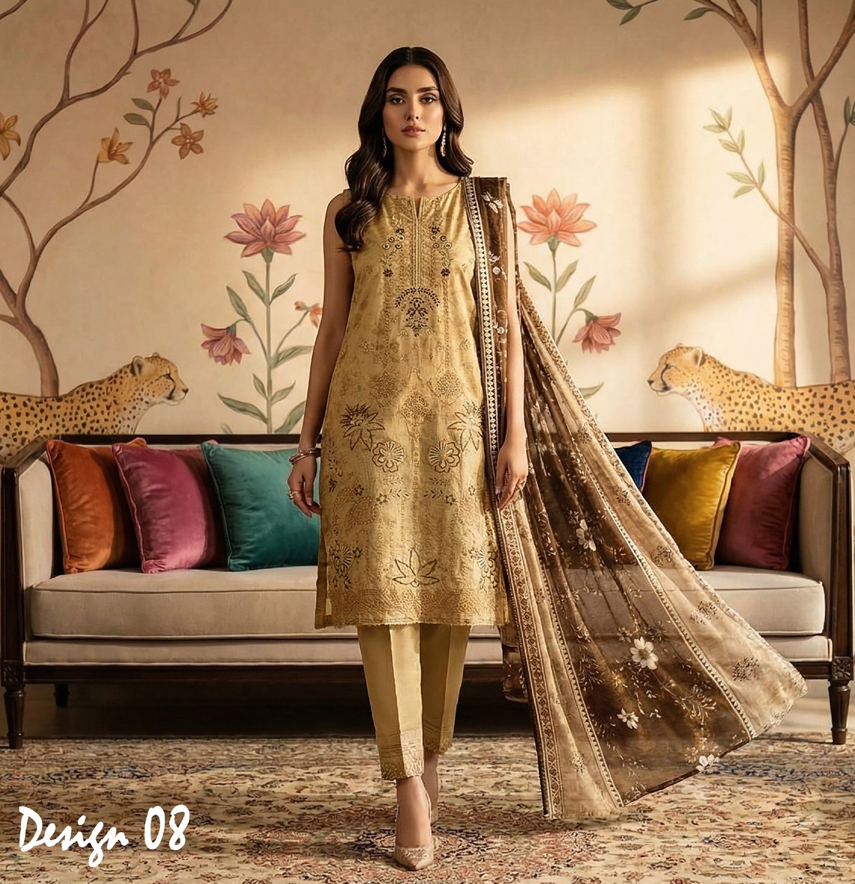 Rimal by UK Vol-22 3PC Unstitched Embroidered Lawn Suit (Light Brown)