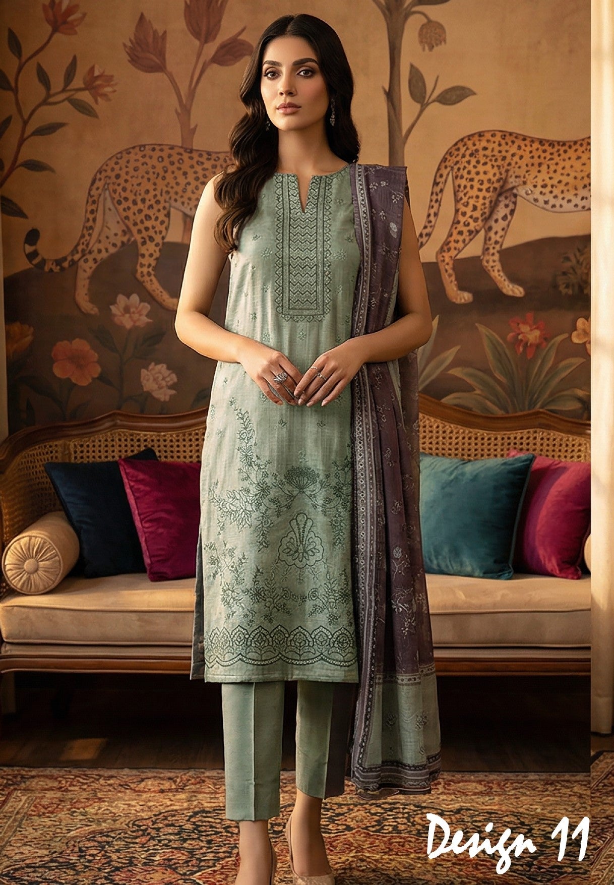 Rimal by UK Vol-22 3PC Unstitched Embroidered Lawn Suit (Sage Green)