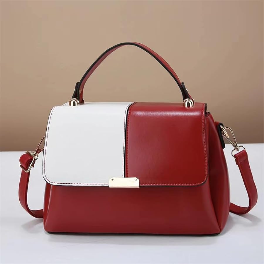 Red and white handbag on a beige background