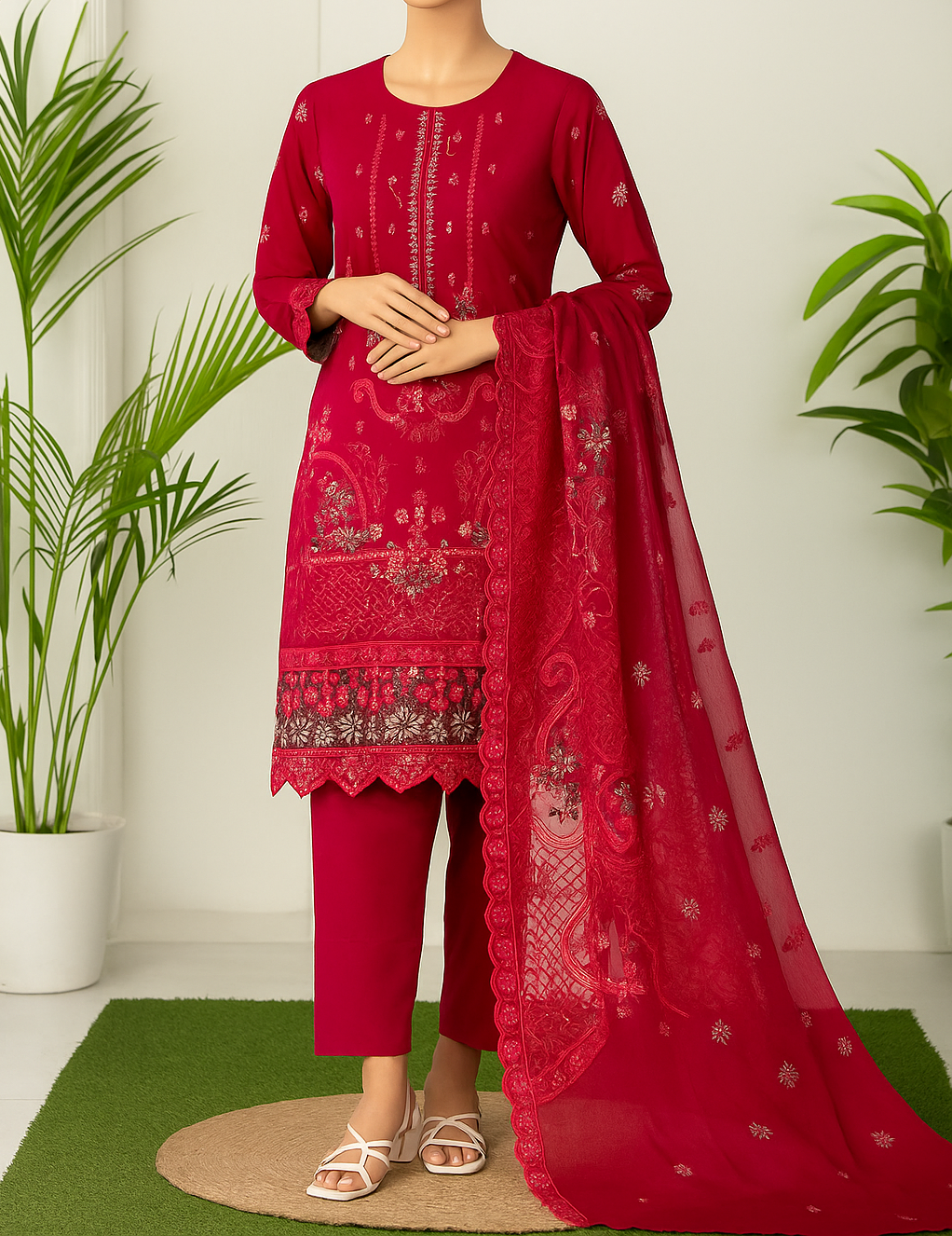 Red embroidered outfit with a matching dupatta on a white background