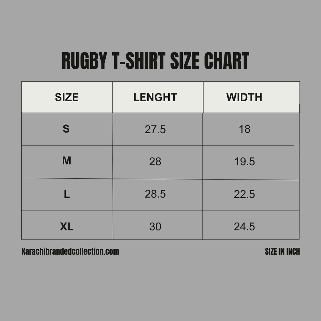 Rugby t-shirt size chart with measurements on a gray background