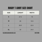 Rugby t-shirt size chart with measurements on a gray background