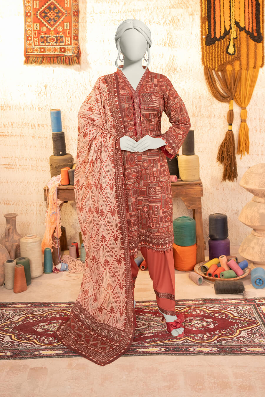 Almeerah Estiva – Premium Digital Three Piece Suit (Rust red)