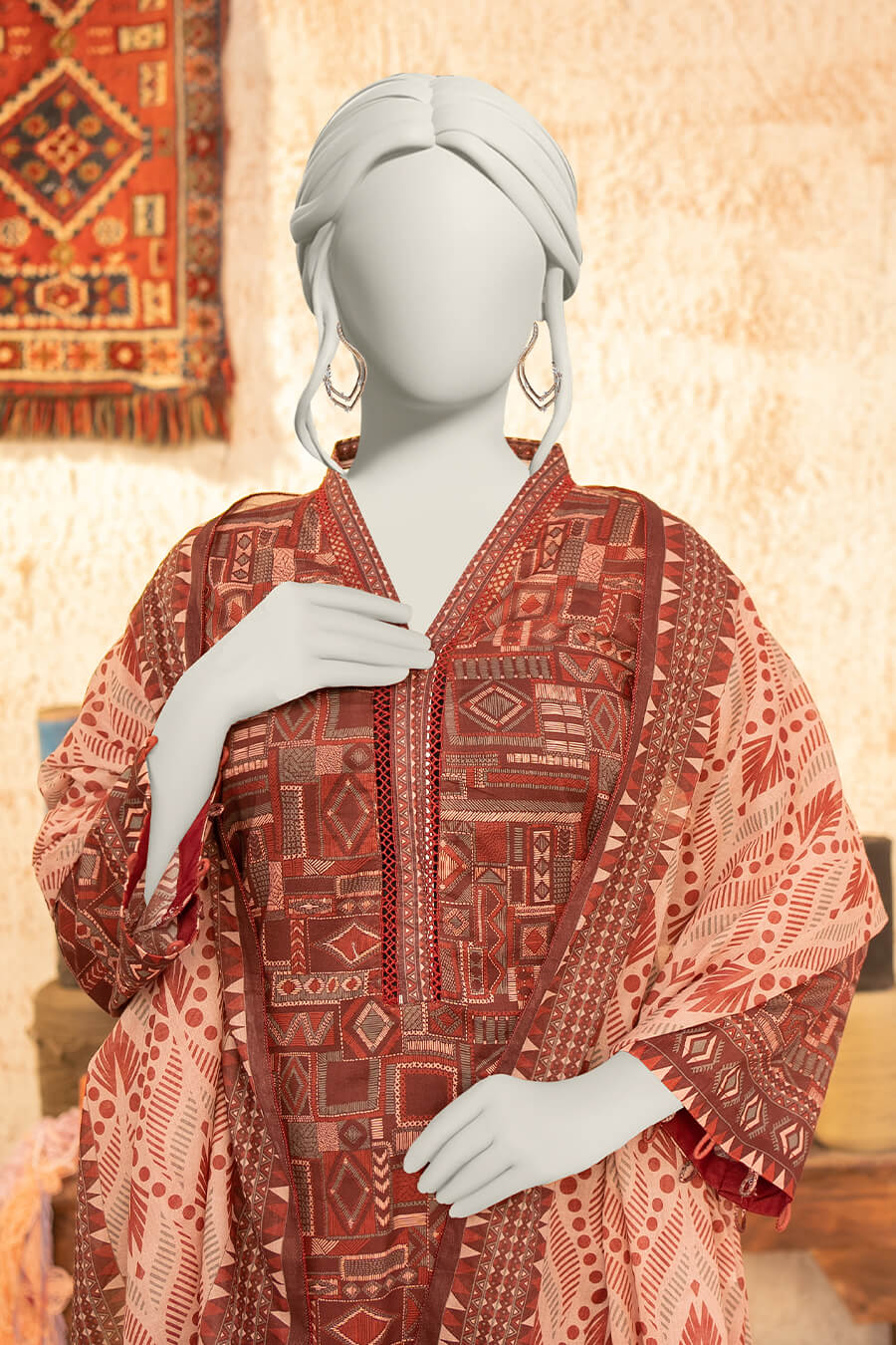 Almeerah Estiva – Premium Digital Three Piece Suit (Rust red)