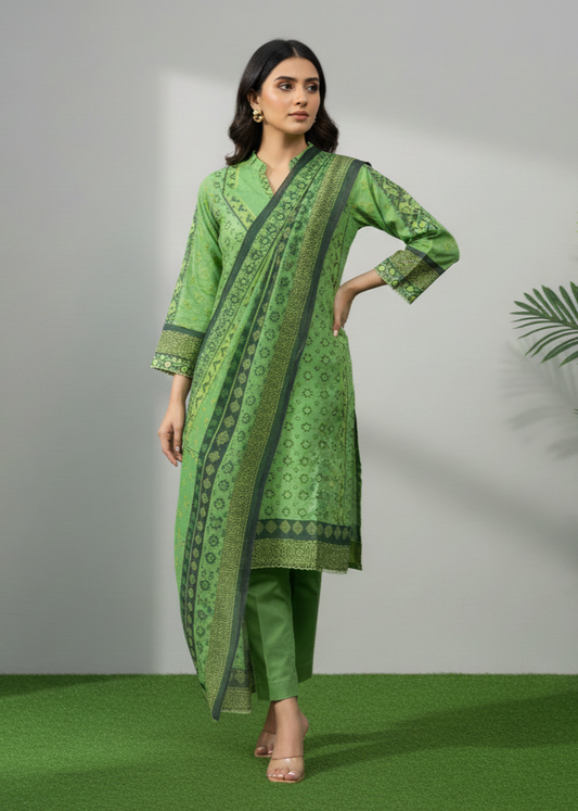 Woman wearing a green traditional outfit with a patterned dupatta on a gray background
