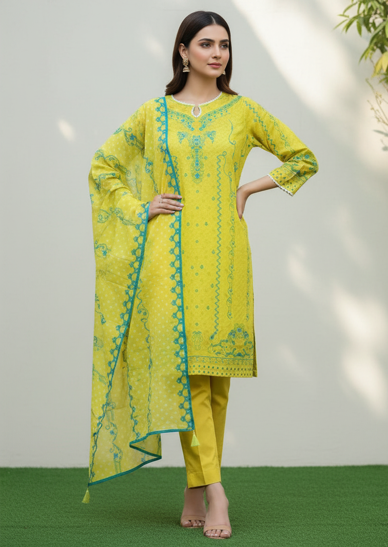 Woman wearing a bright yellow traditional outfit with green patterns against a white background