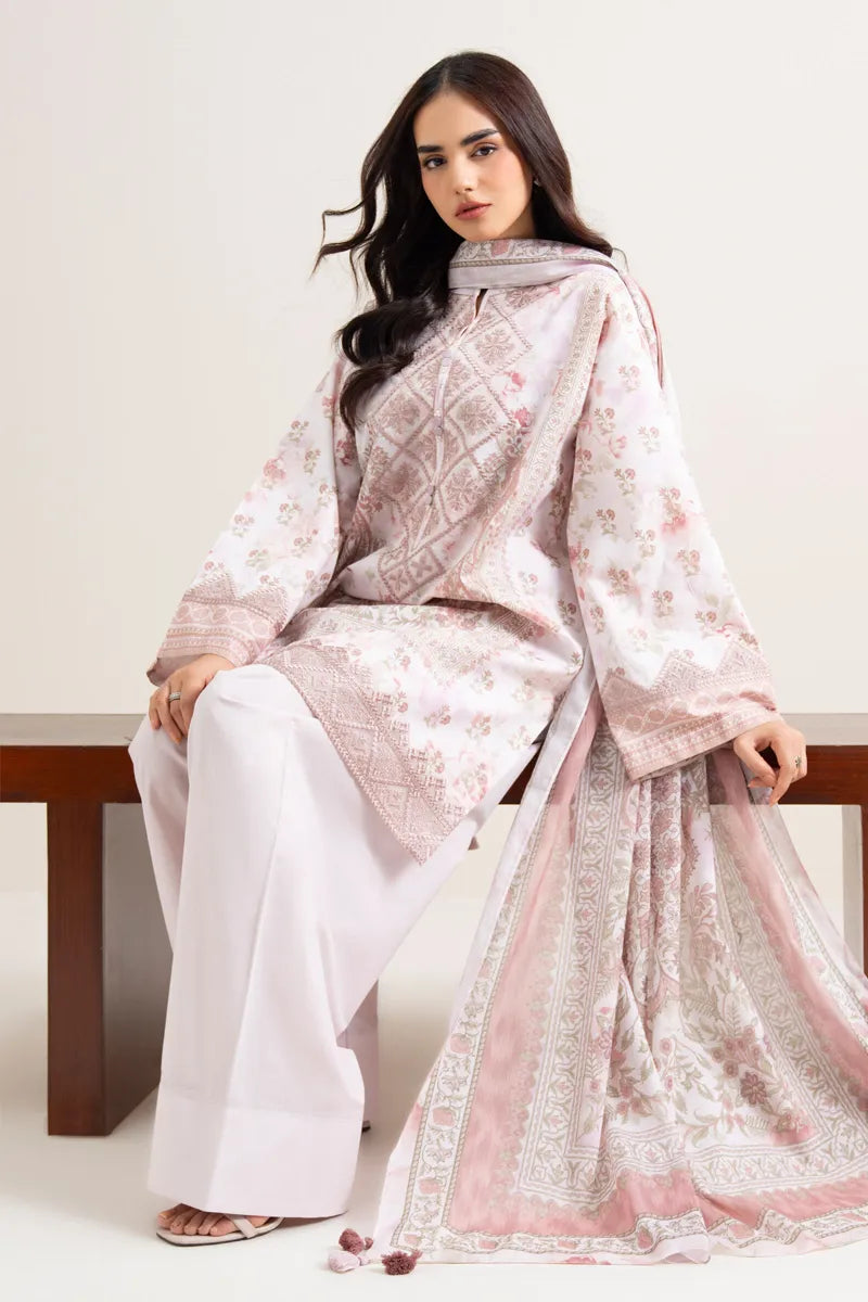 Sapphire 3-Piece Embroidered Unstitched Lawn Suit (Off White & Pink)