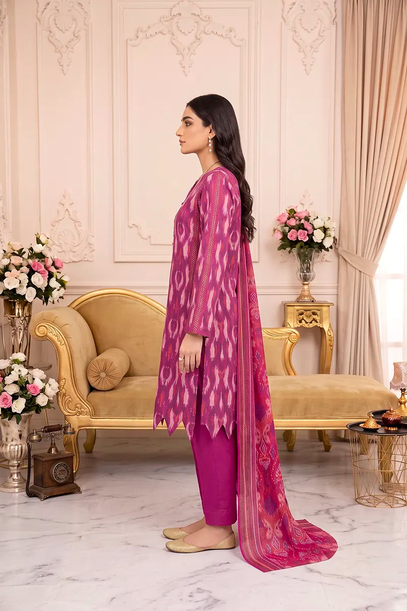 Zsh Stitched 3pc Printed Lawn Suit (Pink)