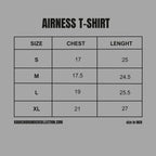 Size chart for AIRNESS T-SHIRT with measurements in inches.