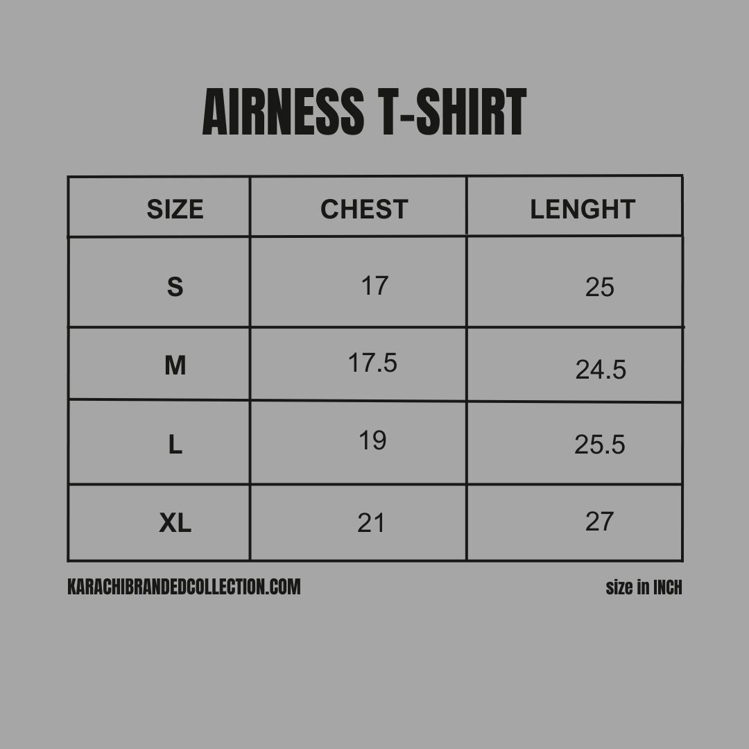 Size chart for AIRNESS T-SHIRT with measurements in inches.