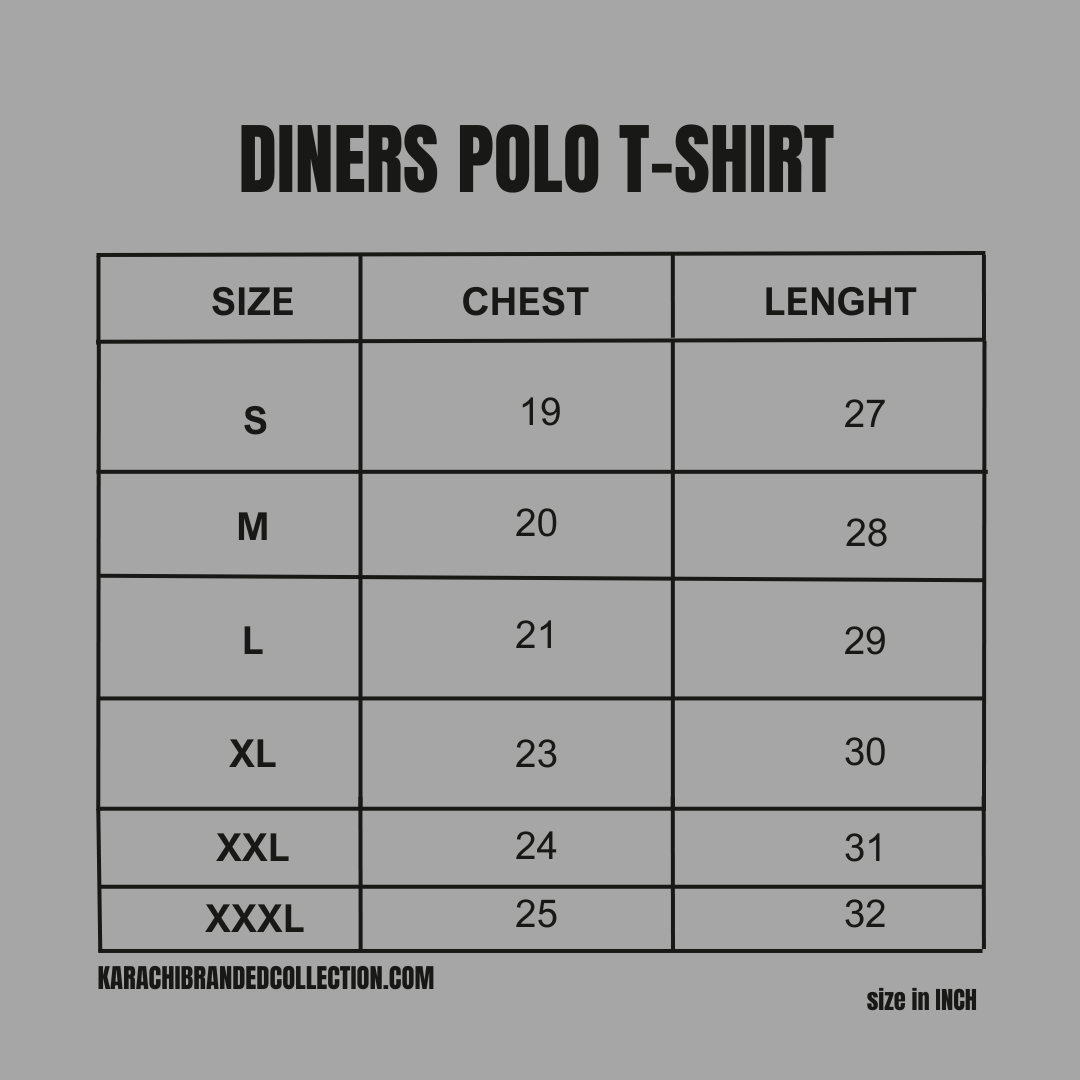 Size chart for Diners Polo T-Shirt with measurements in inches.