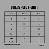 Size chart for Diners Polo T-Shirt with measurements in inches.