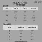 Size chart for Edenrobe two-piece shirt and trouser set on a gray background