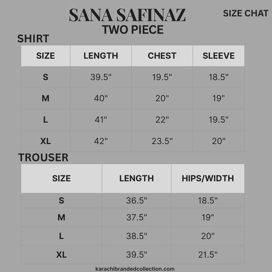 Size chart for Sana Safinaz two-piece outfit on a gray background