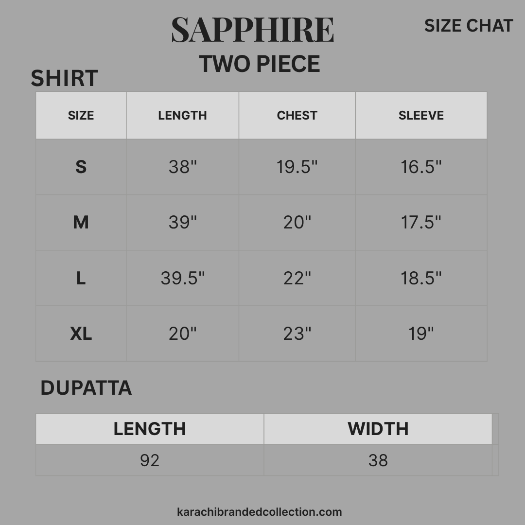Size chart for a 'Sapphire Two Piece' shirt and dupatta on a gray background.