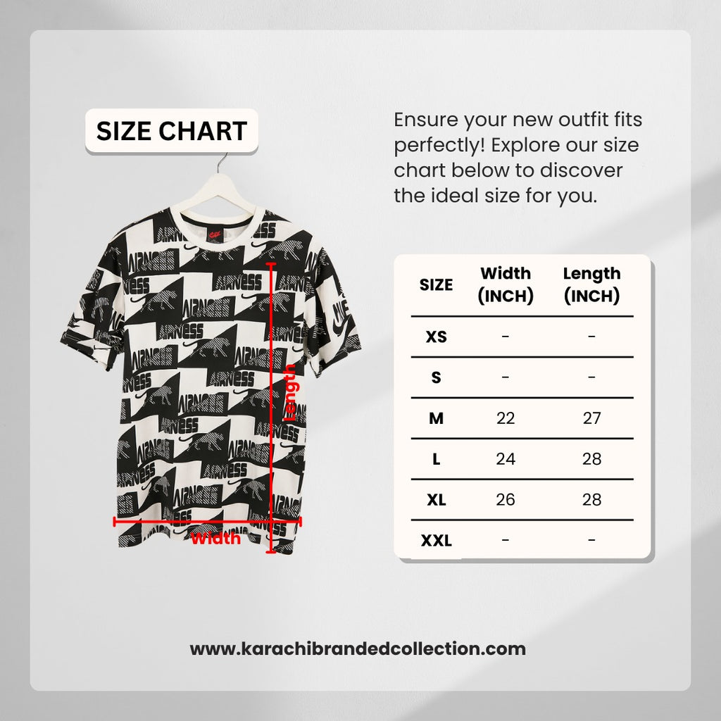 Size chart for a t-shirt with dimensions and a reference to Karachi Branded Collection website.